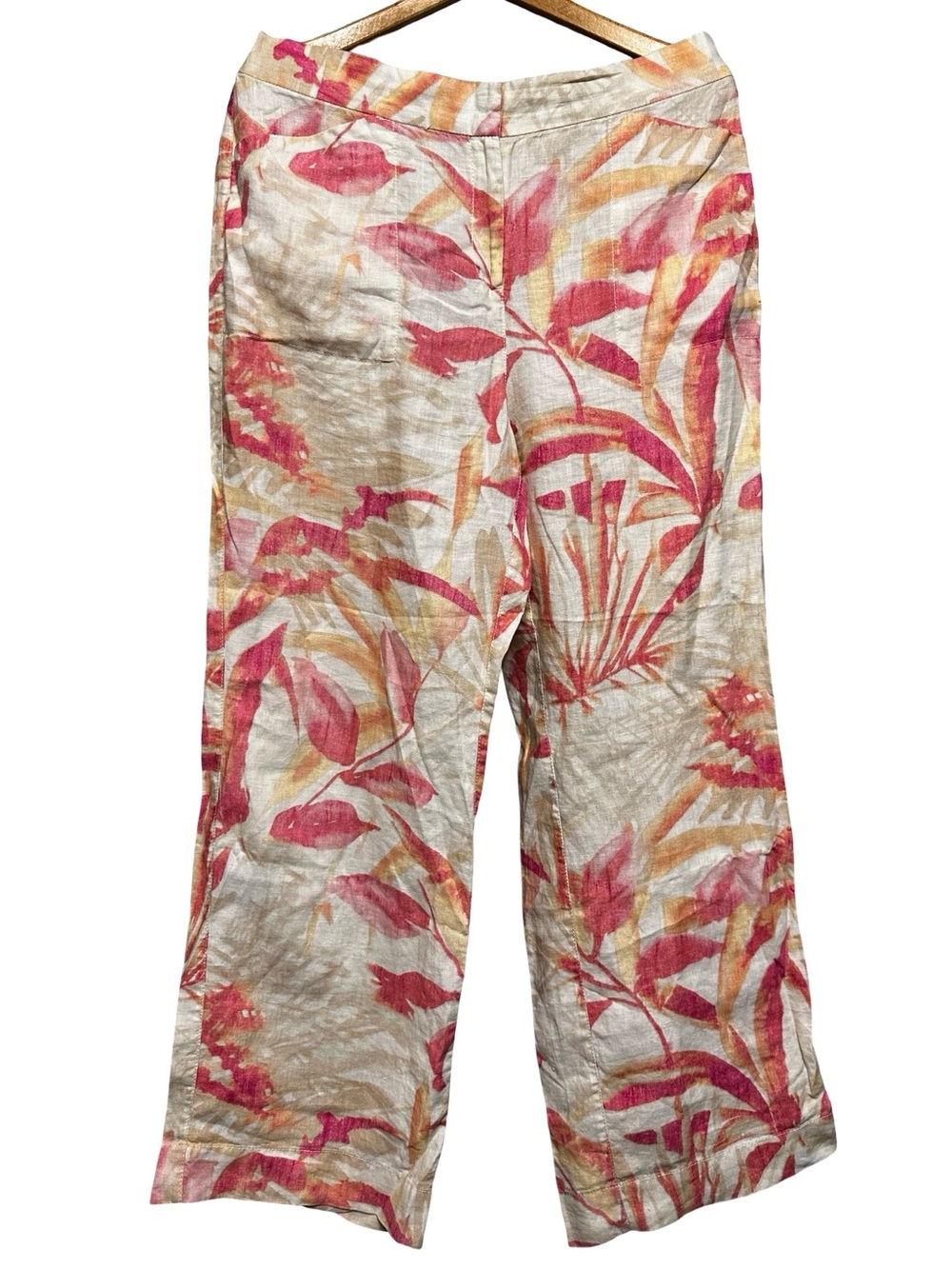 Chicos Pink Cream Floral Linen Wide Leg Pants Size Large Resort Coastal Chic
